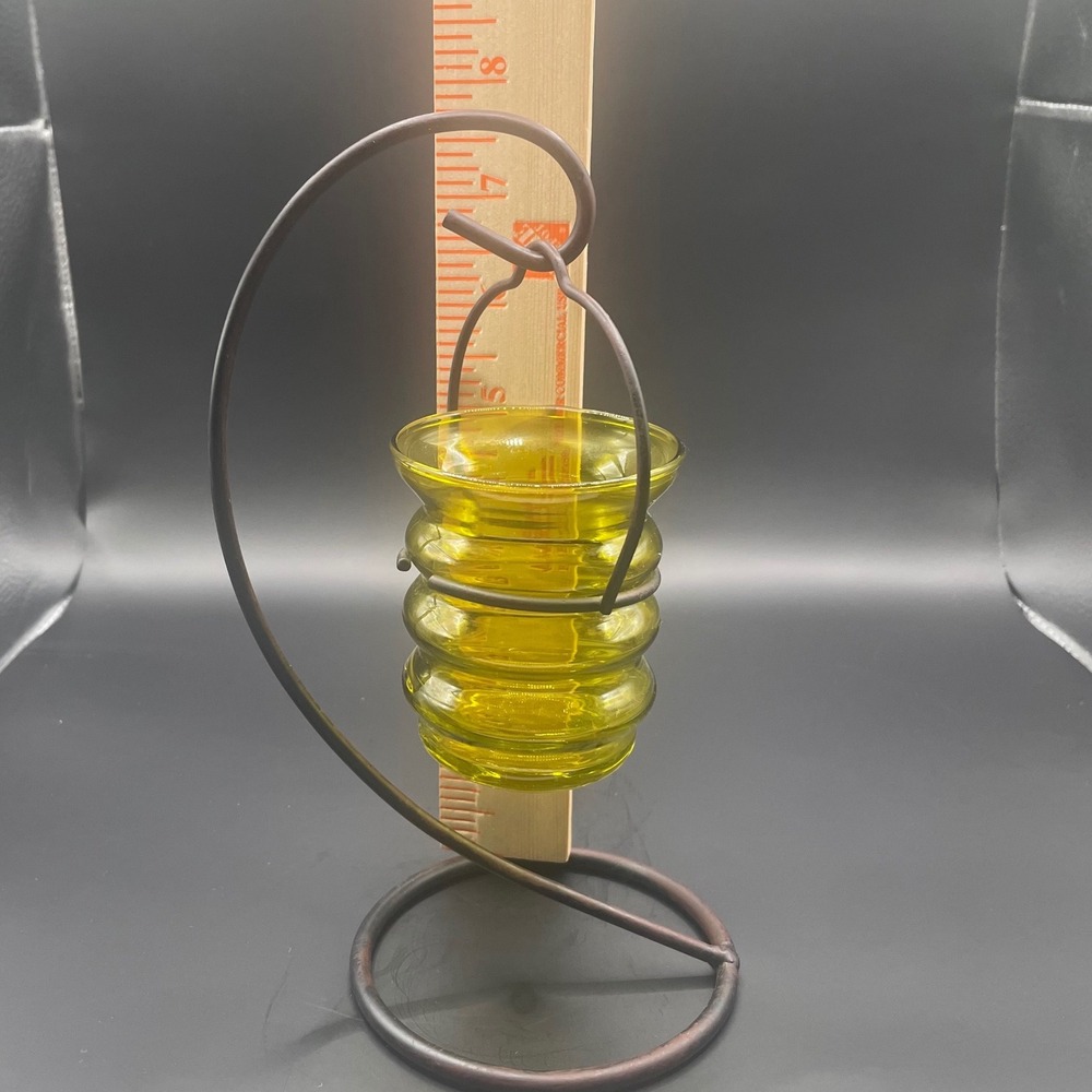 Vintage Green Ribbed Glass Hanging Votive‎ Candle Holder with Metal Stand 9 Inch